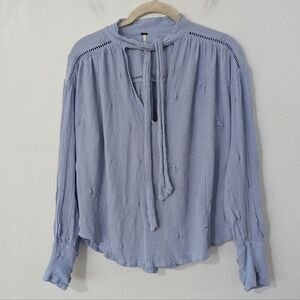 Free People Wishful Moments Embroidered Tie Neck Balloon Blouse Light Blue XS